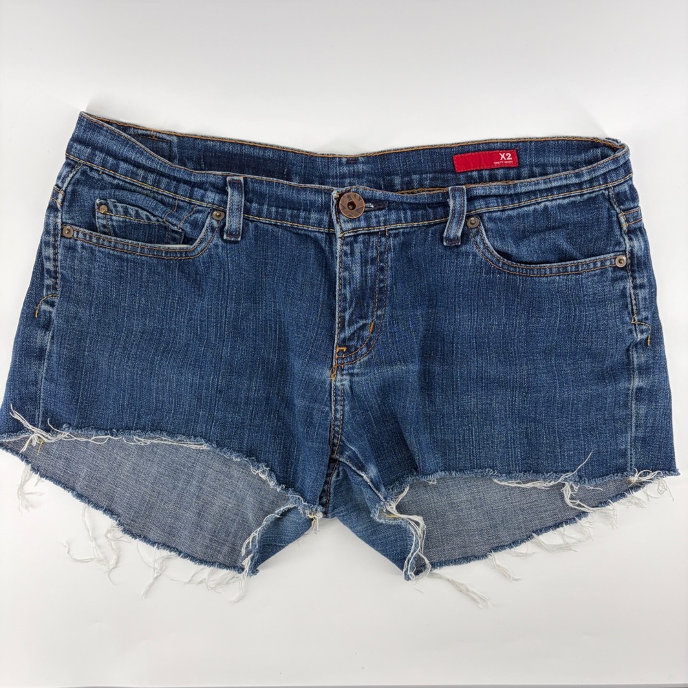 X2 Quality Denim Shorts Womens 8 Y2K Blue Low Rise Raw Hem Cutoff 2006